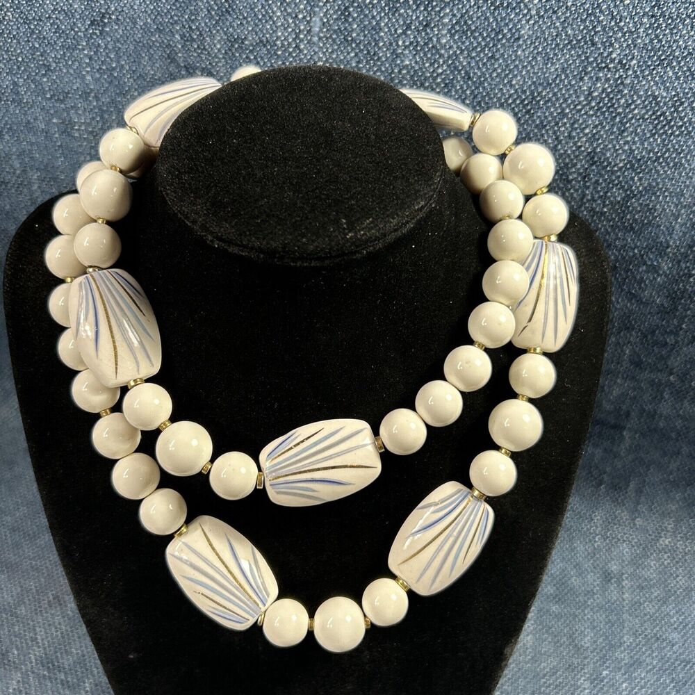 Japan Mid Century Necklace Vtg Porcelain Hand Painted Beaded Estate Jewelry